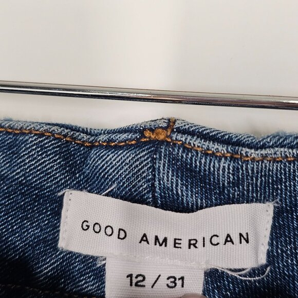 Good American Crop Raw Edge Skinny Jeans Distressed Blue Denim Womens 12/31 - Picture 10 of 16
